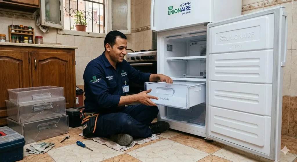صورة توضح فني صيانة الديب فريزر يقوم بتغيير ادراج فريزر نوفروست ماركة يونيون اير
