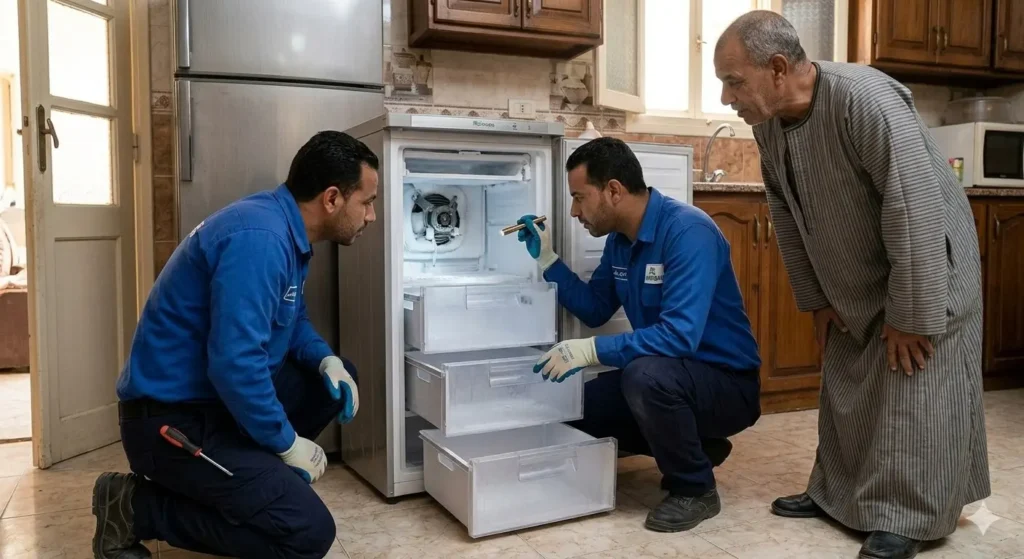 صورة توضح فني صيانة الديب فريزر يقوم بفحص درجات التجميد