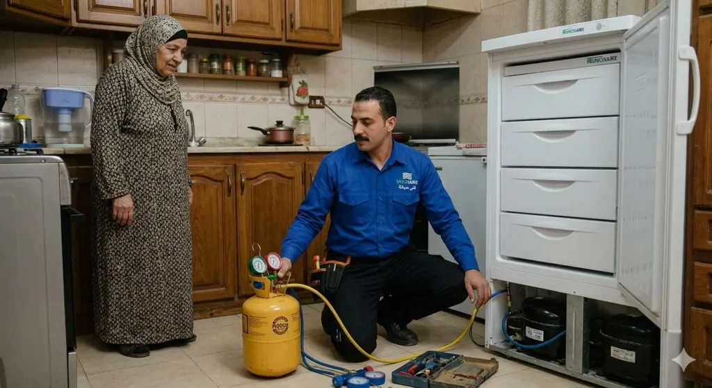 صورة توضح فني صيانة الديب فريزر يقوم بتغيير كمبروسر الفريزر بمطبخ العميل