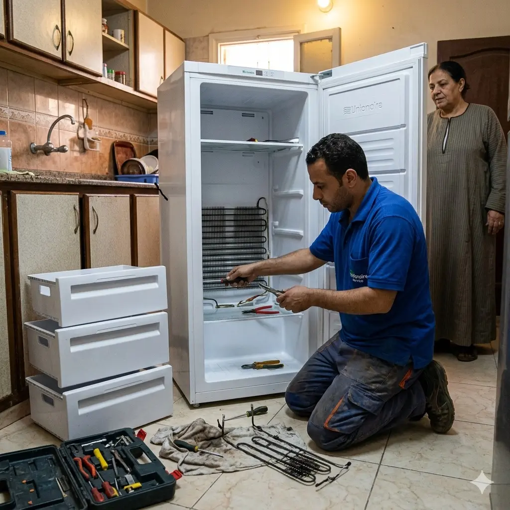 صورة توضح فني صيانة ديب فريزر يونيون يقوم بفحص سخان اذابة للديب فريزر ادراج بمطبخ العميل، العميل يقف في الخلفية