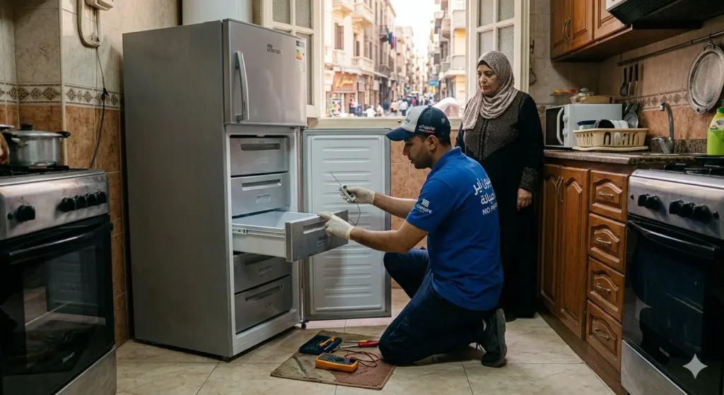 صورة توضيحية حول فني صيانة ديب فريزر يونيون اير يقوم بحص اعطال الجهاز بمنزل العميلة