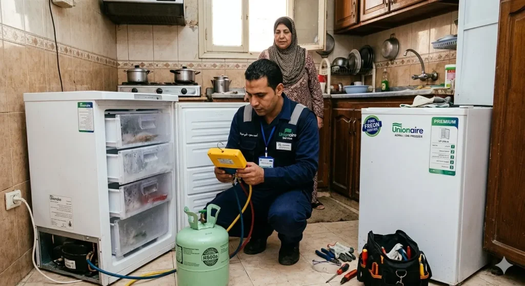 صورة توضح فني صيانة الديب فريزر بمطبخ عميل في قطور يفحص فريون الفريزر بعد عملية الشحن، والعميل يقف في الخلفية