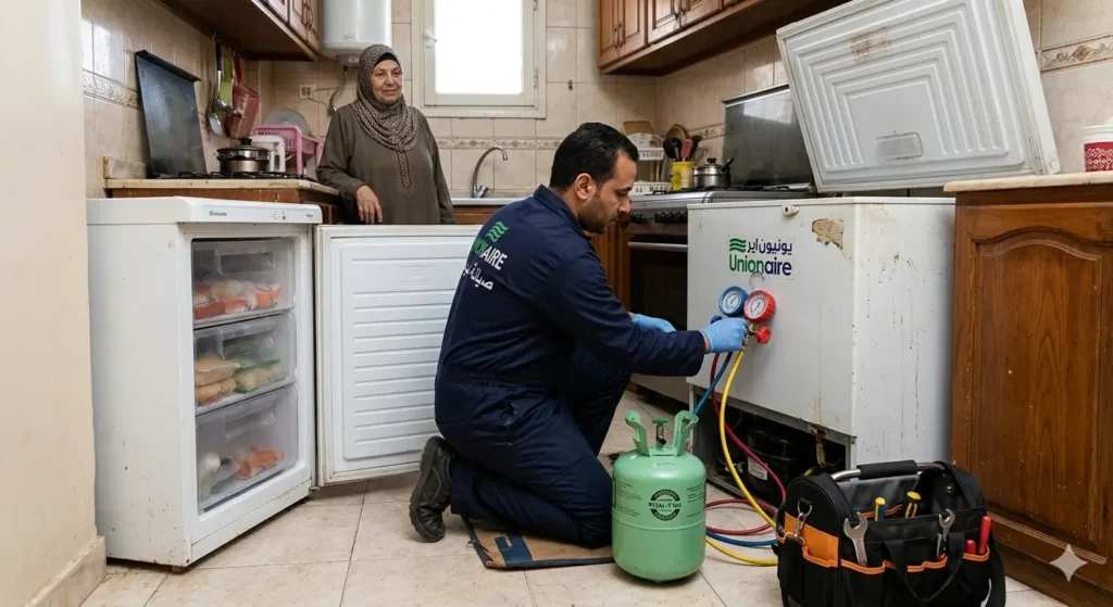 صورة توضح فني صيانة الديب فريزر يقوم بالكشف على ضغط شحنة الفريون فى دائرة التجميد للديب فريزر