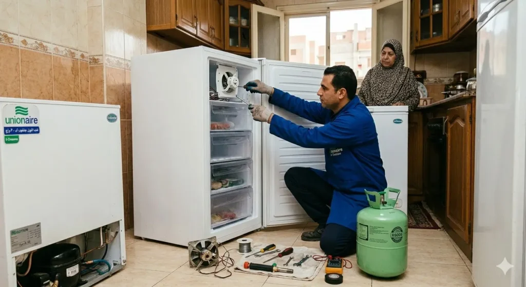 صورة توضح فني صيانة الديب فريزر يقوم بالكشف على مروحة توزيع الهواء