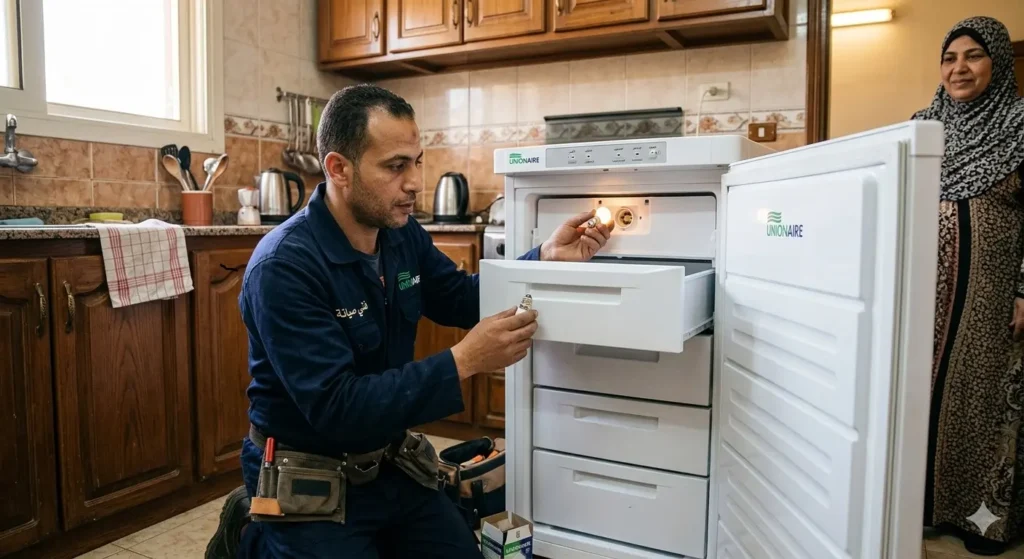 صورة توضح فني صيانة الديب فريزر يقوم بتغيير لمبة الاضائة للديب فريزر بمنزل العميل والعميل يقف في الخلفية