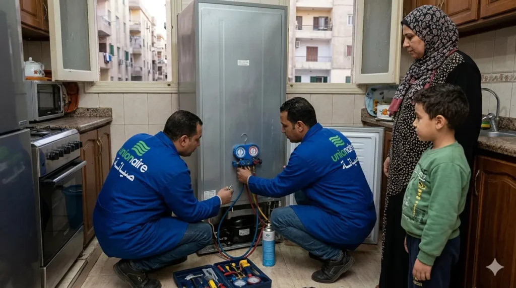 صورة توضح فني صيانة ديب فريزر يونيون اير رأسي يقوم باستبدال الكمبروسر، ويشحن الفريون