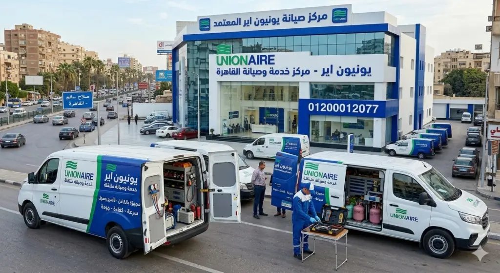 صورة توضح سيارات الخدمة المتنقلة تقف امام مركز الصيانة