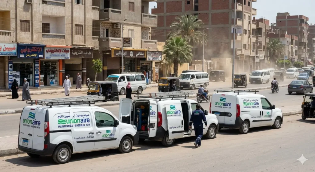 صورة توضيحية حول سيارات مركز الخدمة والصيانة بشارع رئيسي في شبين