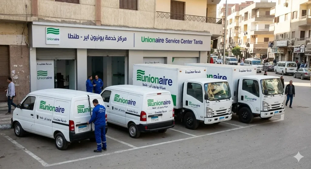 صورة توضيحية تظهر سيارات الصيانة وعليها شعار الشركة بشكل واضح وصحيح. واجهة المحل خلف السيارات تحمل يافطة "مركز خدمة يونيون اير - طنطا" مكتوبة بالعربية والإنجليزية بدقة تامة.