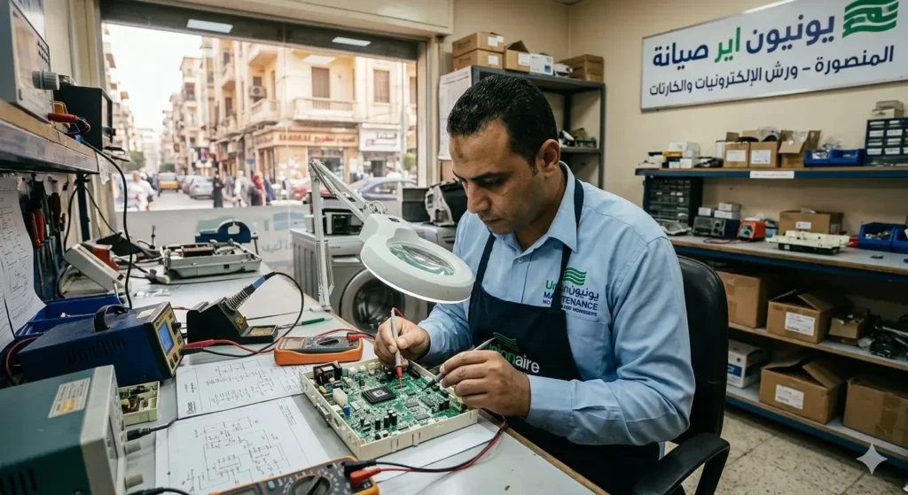 صورة توضيحية حول فني صيانة الكترونيات يقوم بفحص كارتة ديب فريزر يونيون اير داخل المركز.