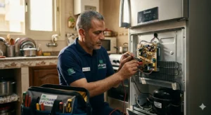 مهندس صيانة الثلاجات يقوم بفحص اعطال الثلاجة