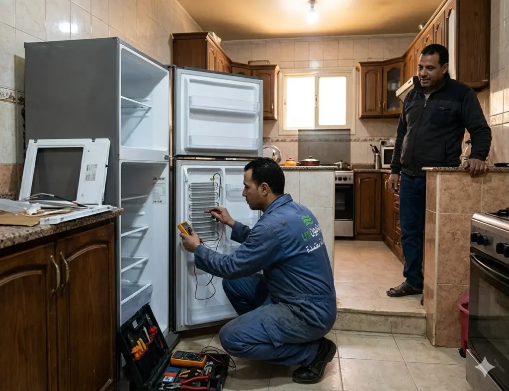 صورة توضح فني صيانة الثلاجات يقوم بفحص سخان الاذابة لثلاجة يونيون اير بمطبخ العميل، في ابو كبير، العميل يقف في الخلفية