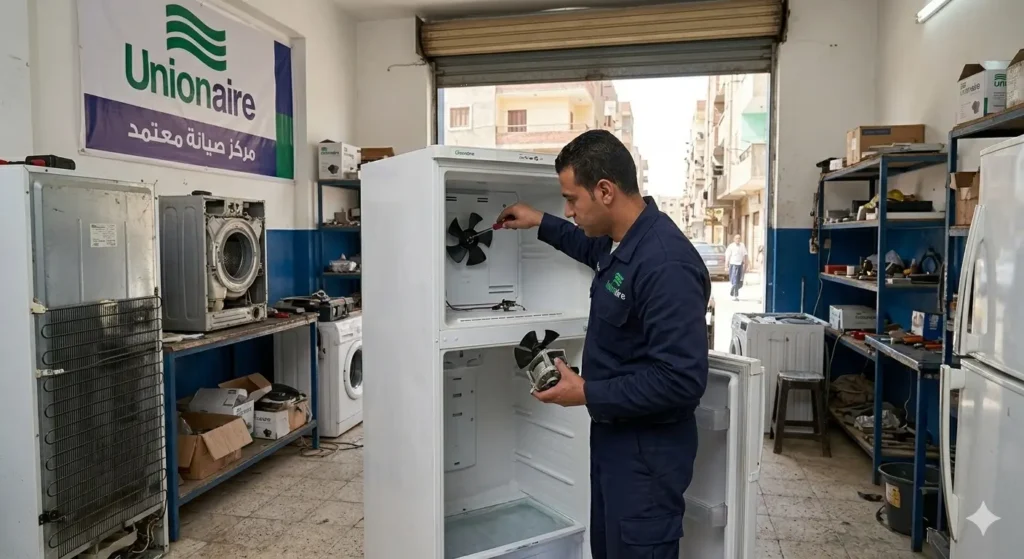 صورة توضح فني صيانة الثلاجات يقوم بفحص ثلاجة يونيون اير في العجمي