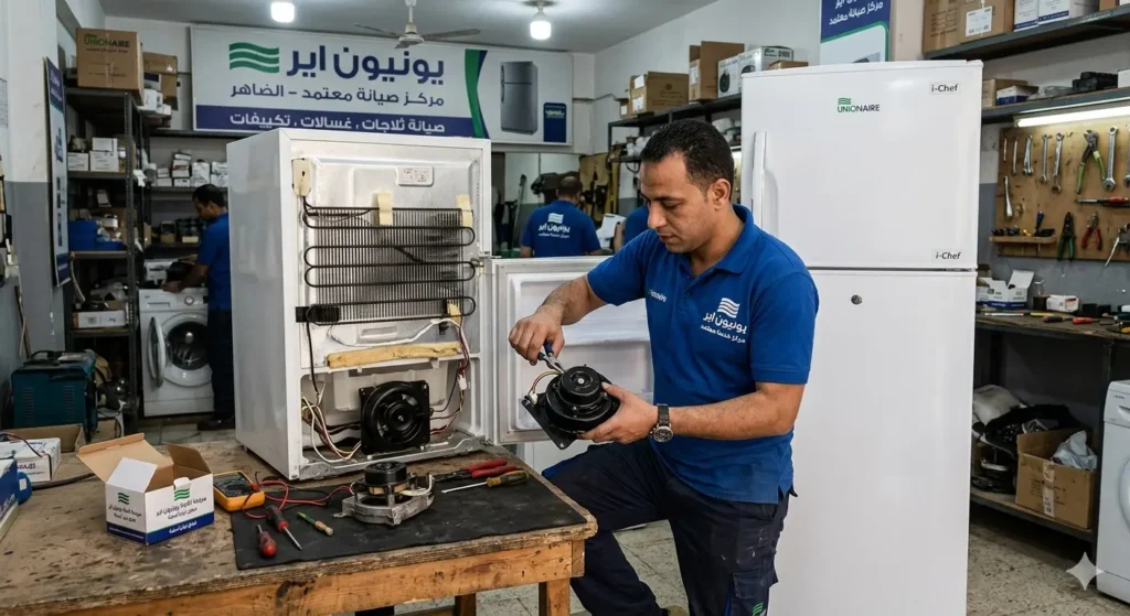 صورة توضيحية حول فني صيانة ثلاجات يقوم بفحص مروحة ثلاجة نوفروست يونيون اير.