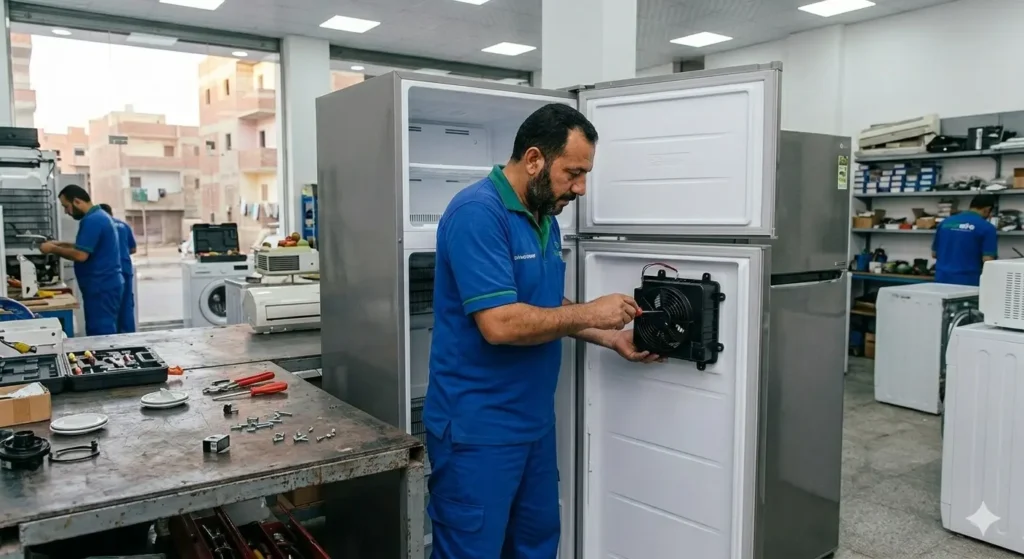 صورة توضح فني صيانة ثلاجات يونيون اير يقوم باستبدال قطعة غيار في ثلاجة