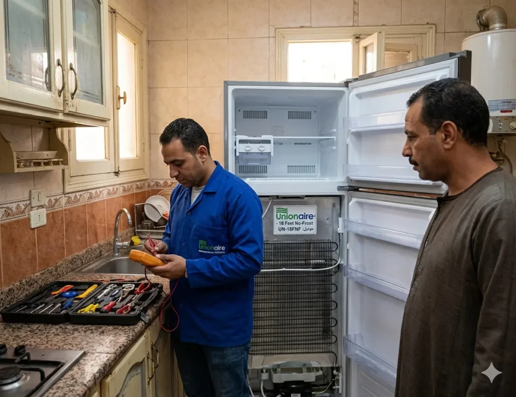 صورة توضح فني صيانة ثلاجات يونيون اير يقوم بفحص دائرة التبريد لثلاجة بمنزل عميل في فاقوس