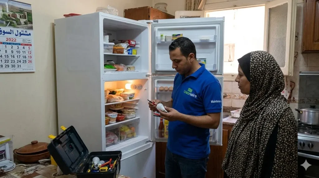 صورة توضح فني صيانة ثلاجات يقوم بفحص لمبة اضائة الثلاجة بمطبخ العميل والعميل يقف في الخلفية