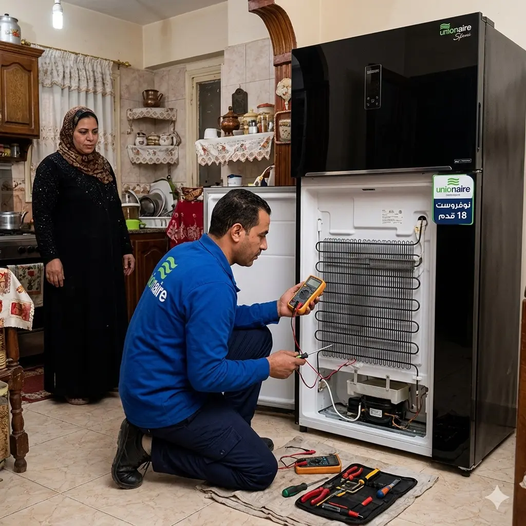 صورة توضح فني صيانة الثلاجات يونيون اير يقوم بفحص دائرة التبريد للثلاجة
