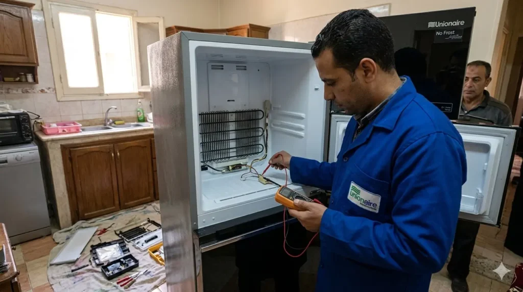 صورة توضح فني صيانة الثلاجات يونيون اير يقوم بفحص سخان الاذابة لثلاجة نوفروست حديثة بمنزل العميل