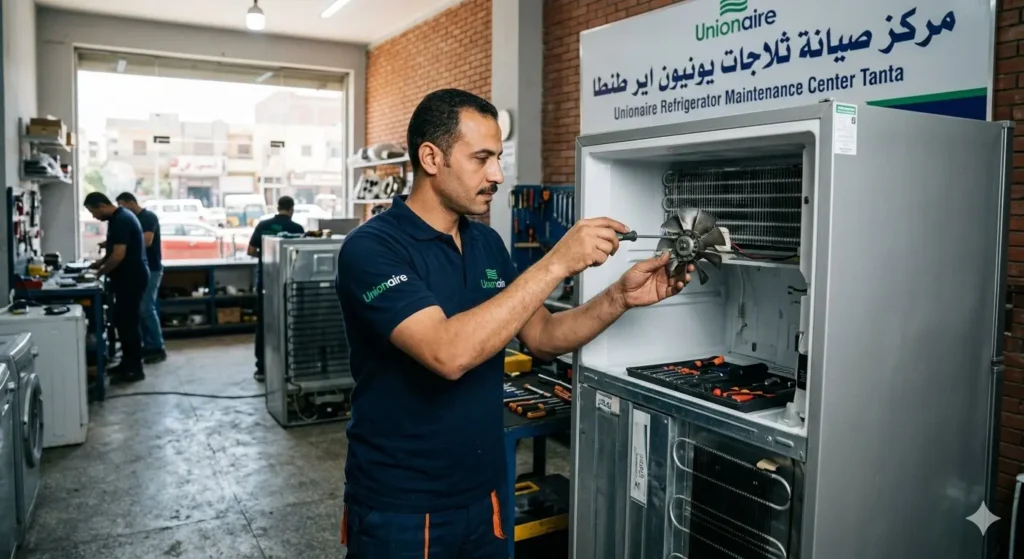 صورة توضح الفني يرتدي زي الشركة ويقوم بتغيير المروحة بوضوح.