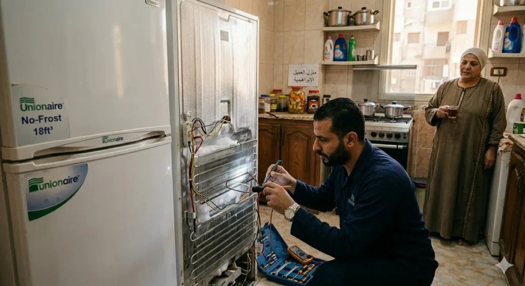 صورة توضح فني صيانة الثلاجات يقوم بفحص سخان الاذابة للثلاجة بمنزل العميل