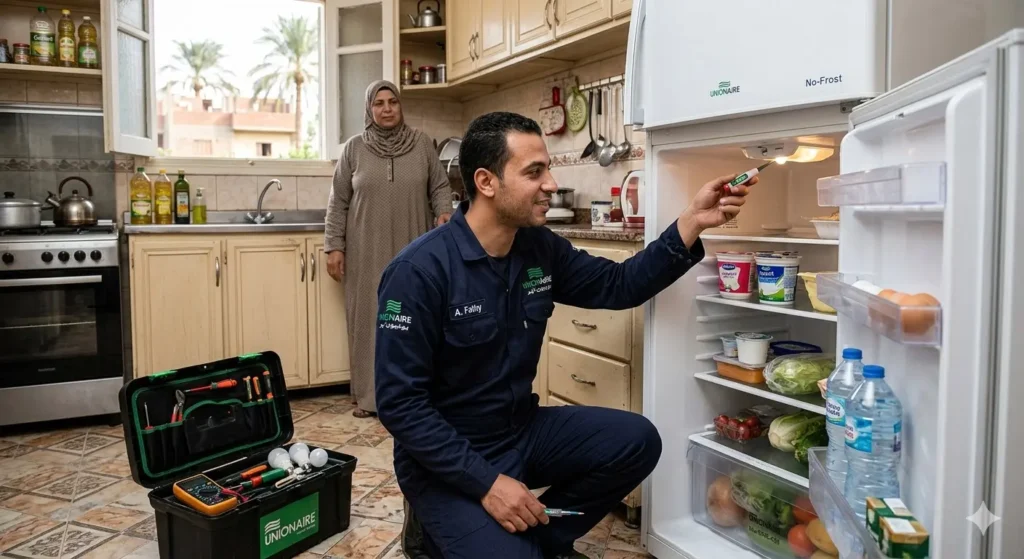 صورة توضح فني صيانة ثلاجات يونيون اير يقوم بفحص لمبة الاضائة للثلاجةن في مطبخ العميل والعميل يقف في الخلفية