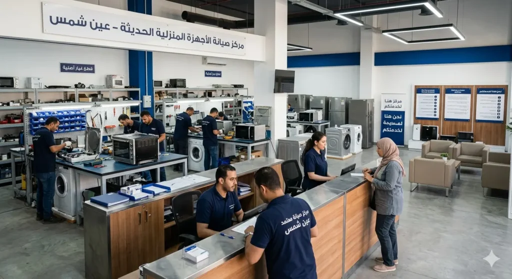 صورة توضح مركز صيانة يونيون اير عين شمس، فنيين يعملون في فحص الاجهزة، بالاضافة الى موظفين استقبال العملاء.