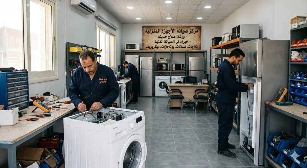 صورة توضح مركز صيانة يونيون اير في بلبيسن الفنيين يقومون باعمال فحص وصيانة الاجهزة