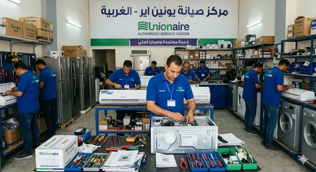 صورة توضح مركز صيانة يونيون اير الغربية من الداخل مع طاقم فنيين الصيانة يعملون على اصلاح الاجهزة المنزلية