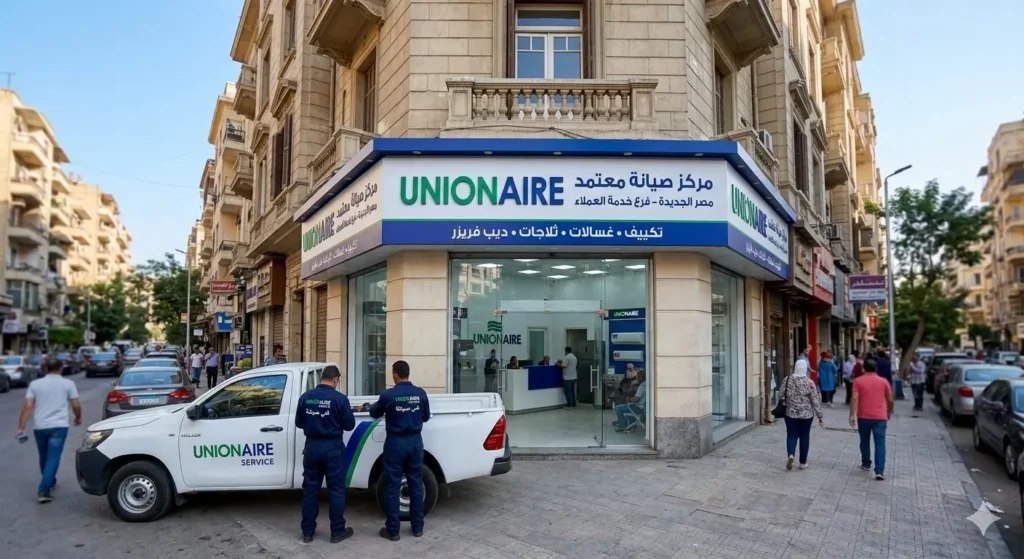 صورة توضح واجهة مركز صيانة يونيون اير المعتمد في قلب مصر الجديدة. تظهر اليافطة واضحة بجميع التفاصيل المطلوبة واللغة العربية، بالإضافة إلى حركة الشارع المعتادة في الحي.