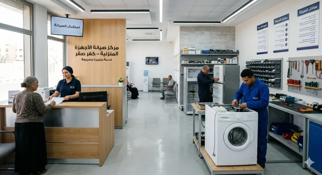 صورة توضح مركز صيانة يونيون اير في كفر صقر، الفنيين يقومون بفحص اعطال الاجهزة، وموظفة تستقبل العملاء