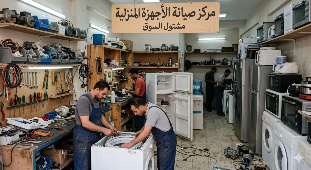 صورة توضح مركز صيانة يونيون اير مشتول السوق للاجهزة المنزلية من الداخل، يوجد فنيين يعملون على صيانة الاجهزة المنزلية