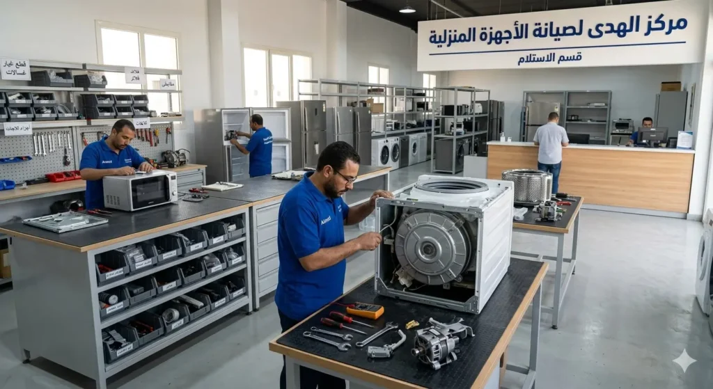 صورة توضح مركز صيانة يونيون اير في الشرقية، مع وجود فنيين يقومون باصلاح الاجهزة داخل المركز