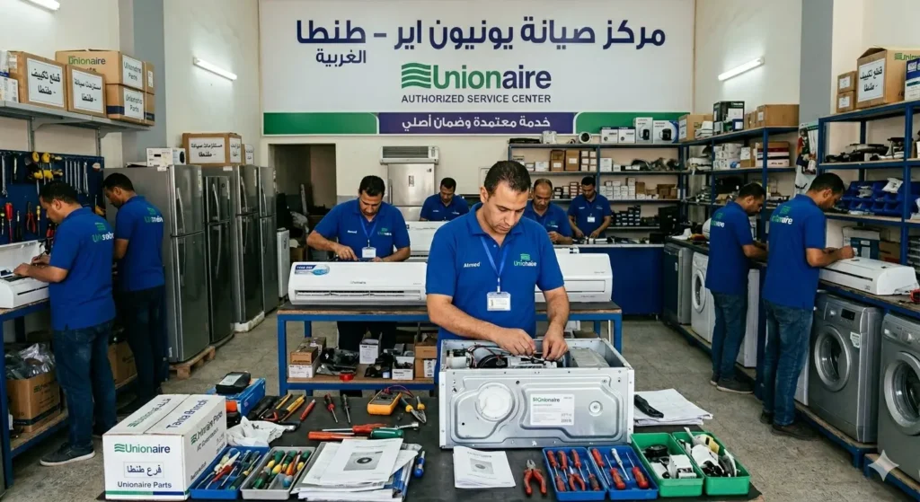 صورة توضح مركز صيانة اجهزة يونيون اير من داخل الورش، مع وجود فنيين يقومون بفحص الاجهزة