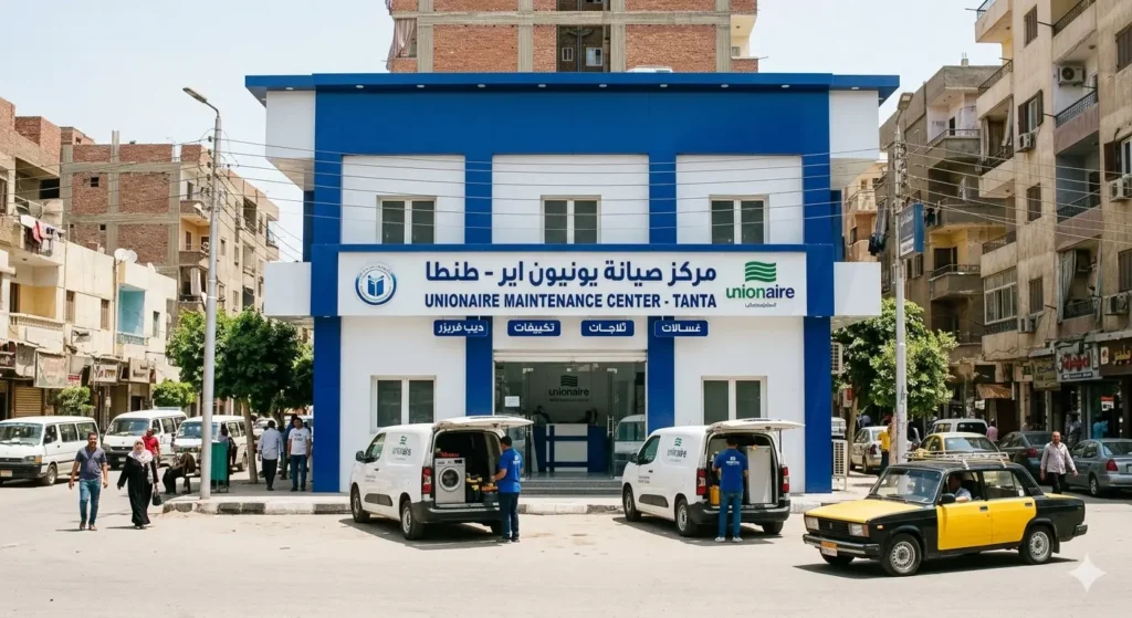 صورة توضيحية تظهر واجهة مركز الصيانة وعليها اليافطة الرئيسية مكتوبة بشكل صحيح تماماً باللغة العربية والإنجليزية: "مركز صيانة يونيون اير - طنطا".