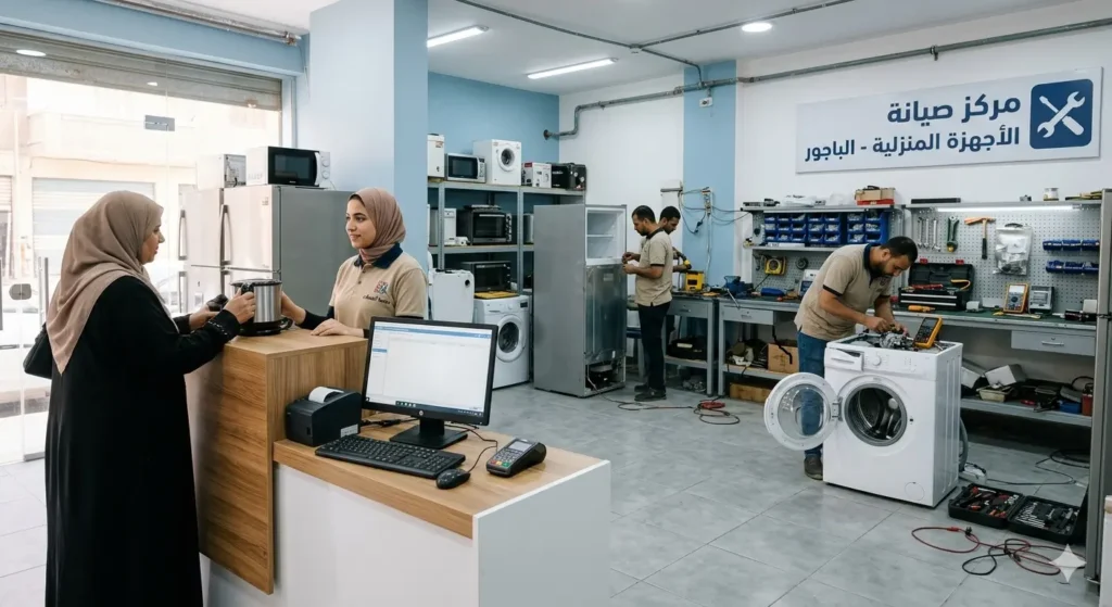 صورة توضح مركز صيانة يونيون اير في الباجور، موظفة الاستقبال تتحدث الى عميل يقف امامها، الفنيين في الخلفية يعملون على اصلاح الاجهزة