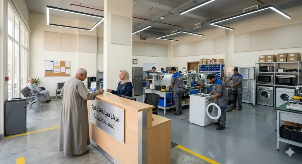 صورة توضح مركز صيانة يونيون اير في الضاهر، في المقدمة موظفة استقبال تتحدث للعميل الذي يقف امامها، وفي الخلفية فنيين صيانة الاجهزة المنزلية يفحصون اعطال الاجهزة