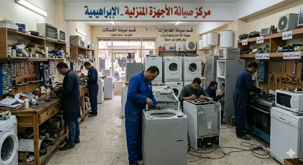 صورة توضح مركز صيانة يونيون اير للاجهزة المنزلية في الابراهيمية صورة من داخل المركز، يوجد فنيين يعملون باصلاح الاجهزة
