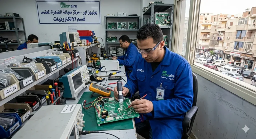 صورة توضح مهندس صيانة يقوم بفحص كارتة غسالة يونيون اير داخل المركز.
