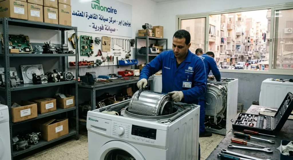صورة توضخ فني يقوم باستبدال حلة غسالة يونيون اير داخل ورش مركز الخدمة.