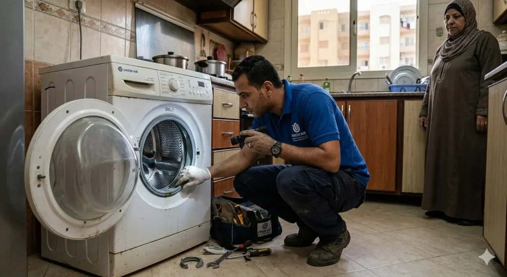 صورة توضح فني صيانة الغسالات يقوم بفحص حلة الغسالة يونيون اير بمنزل العميلن العميل يقف في الخلفية.