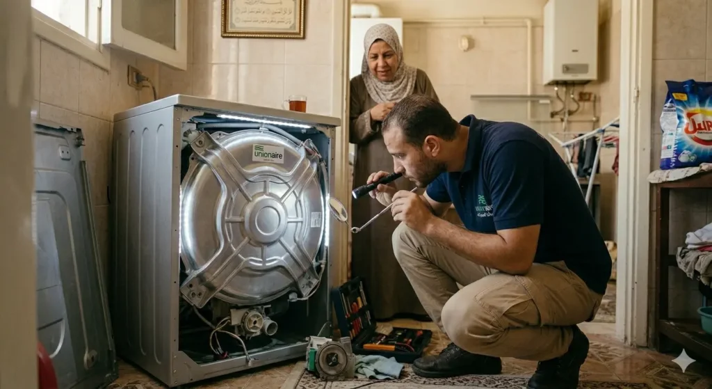 صورة توضح فني صيانة الغسالات يقوم بفحص طلمبة طرد الغسالة بمنزل العميل والعميل يقف في الخلفية