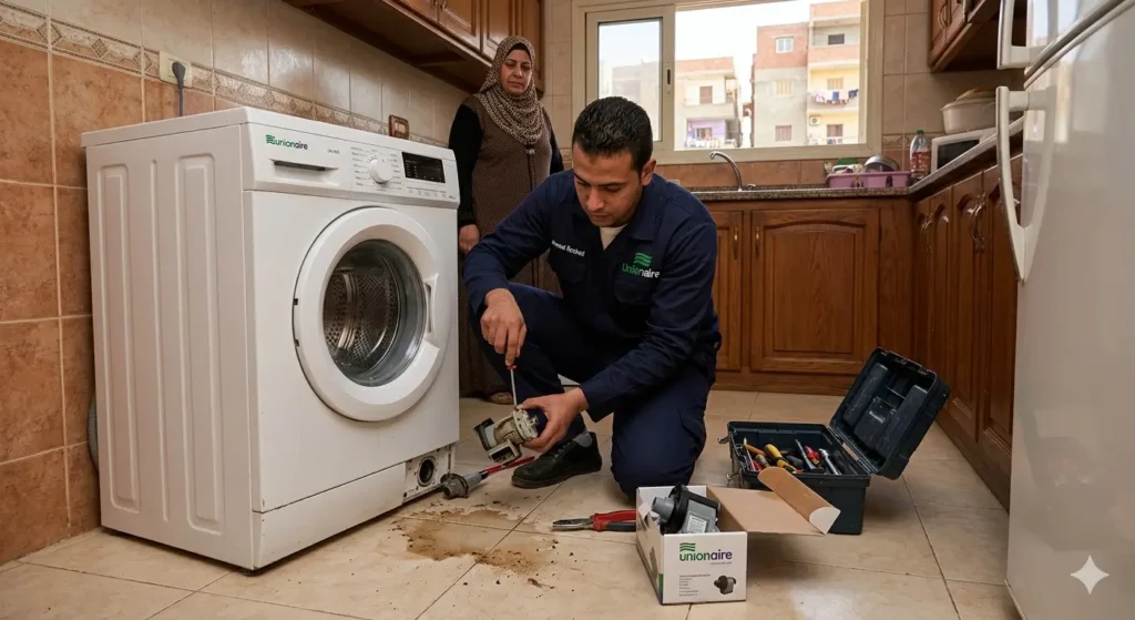 صورة توضح فني الغسالات يقوم بفجص طرمبة طرد غسالة