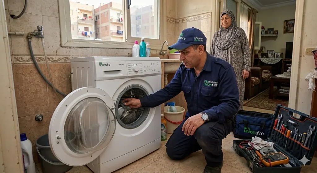 صورة توضح فني صيانة الغسالات يقوم بفحص حلة غسالة في منزل العميل