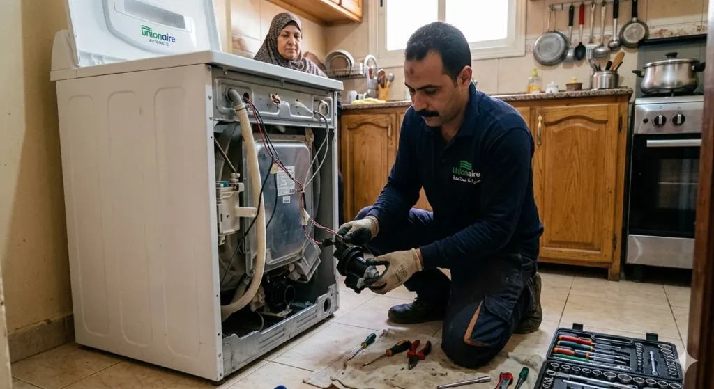 صورة توضح فني الغسالات يقوم بتغيير طلمبة طرد لغسالة بمطبخ العميل والعميل يقف في الخلفية