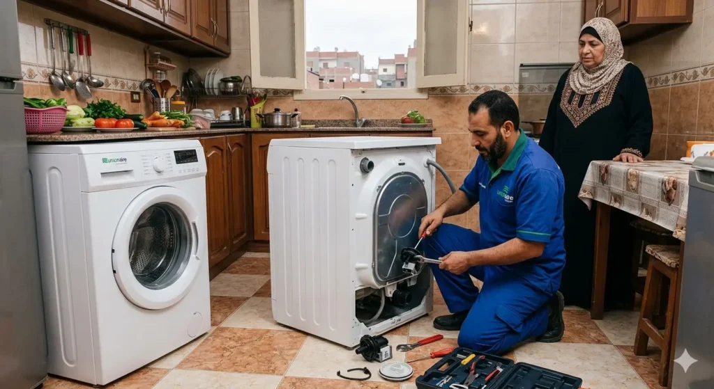 صورة توضح فني صيانة الغسالات يقوم باستبدال موتور غسالة