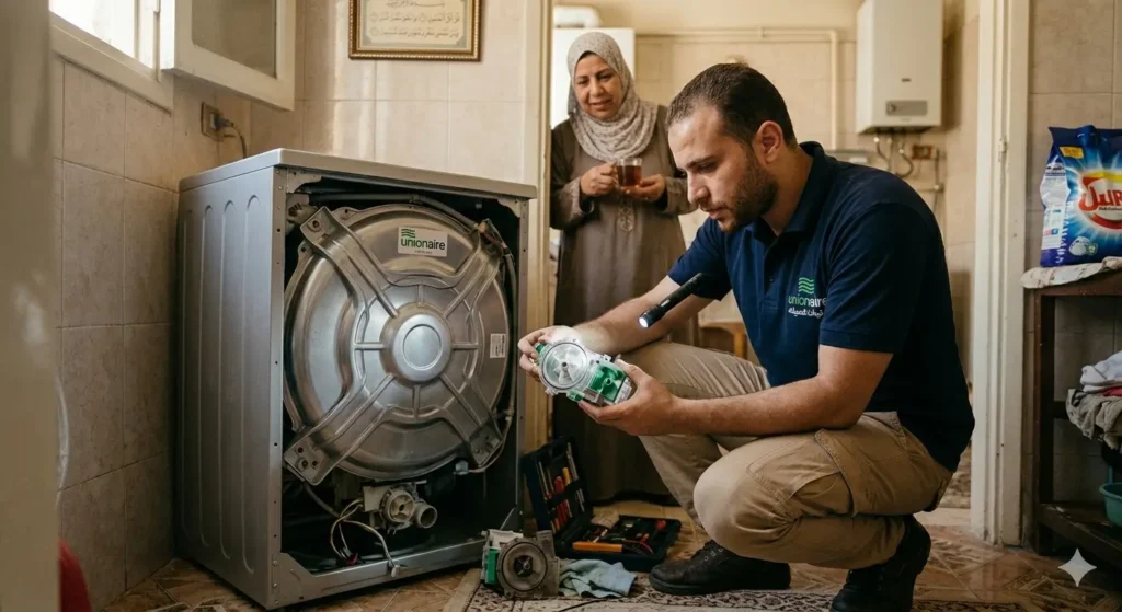 صورة توضح فني صيانة الغسالات يونيون اير يقوم بفحص طلمبة طرد غسالة بمنزل العميل، العميل يقف في الخلفية