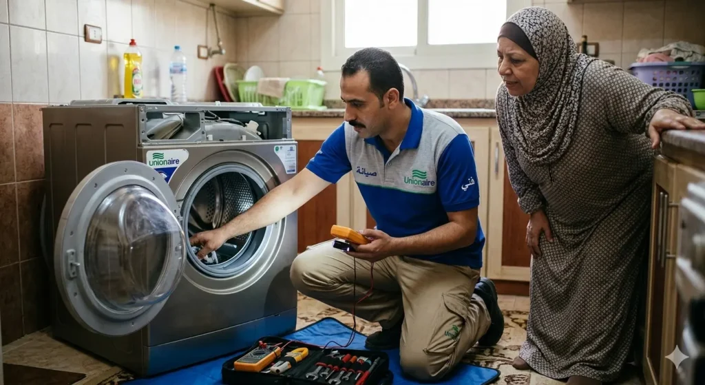 صورة توضح فني صيانة الغسالات في مطبخ العميل، يقوم بشرح سبب تلف كاوتشة باب الغسالة للعميل والعميل يقف خلفه