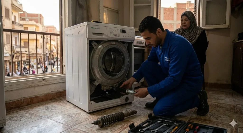 صورة توضيحية حول فني صيانة الغسالات يقوم باستبدال مساعدين غسالة بمنزل العميل
