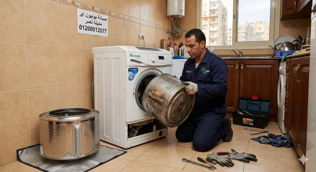 صورة توضح الفني وهو يقوم باستبدال حلة غسالة ملابس اتوماتيك يونيون اير بمنزل عميل بمدينة نصر